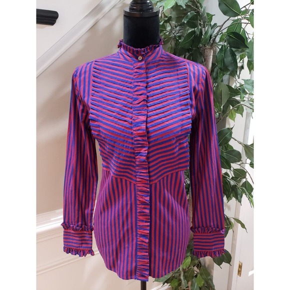 J. Crew Red & Blue Striped Long Sleeve Ruffle Trim Tuxedo Top Blouse XS - Picture 16 of 16